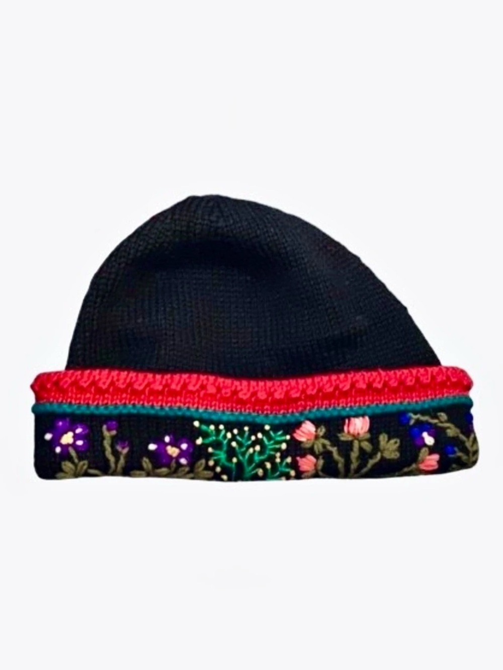 Wool Hand Knitted Floral Folk Art Embroidered Hat Beanie Winter Cap Boho Snow